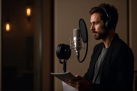 Voice-over pro package promotion showing a voice actor at microphone
